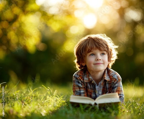 Joyful child reading a book in nature's embrace