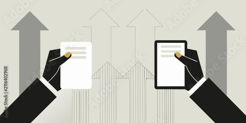 Hands Holding Rectangular Devices With Upward pointing Arrows Illustration
