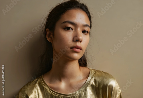 Young asian woman with natural skin and dark hair wearing a golden shirt, looking directly at the camera, the portrait captures her calm and confident expression against a plain neutral background