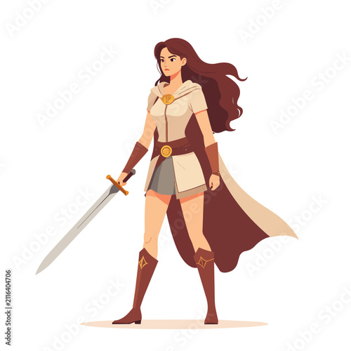 Brave Female Fantasy Warrior Character Standing with Sword and Wearing a Cape Isolated on White