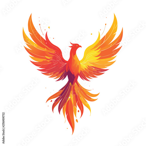Majestic Phoenix Bird Rising with Fiery Orange and Yellow Wings Isolated on White Background Vector