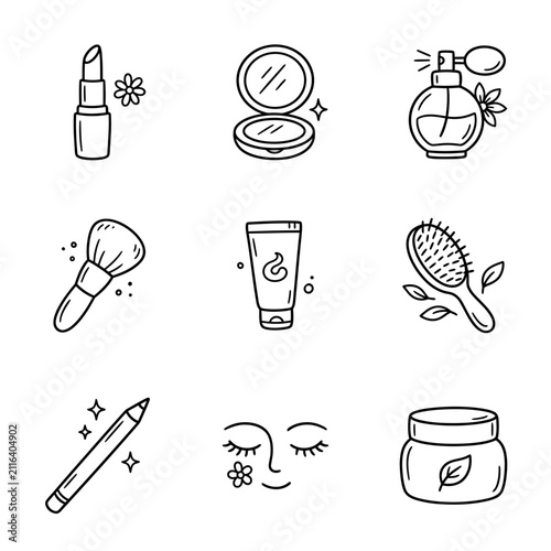Skincare and beauty products doodle icons.