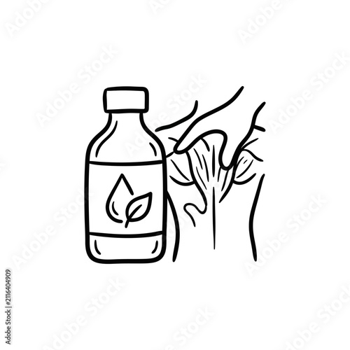 Skin care application icon with oil bottle and hands.