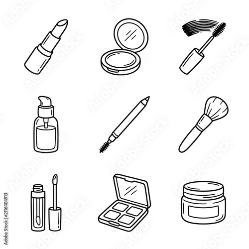 Skincare and cosmetic product line art icons.