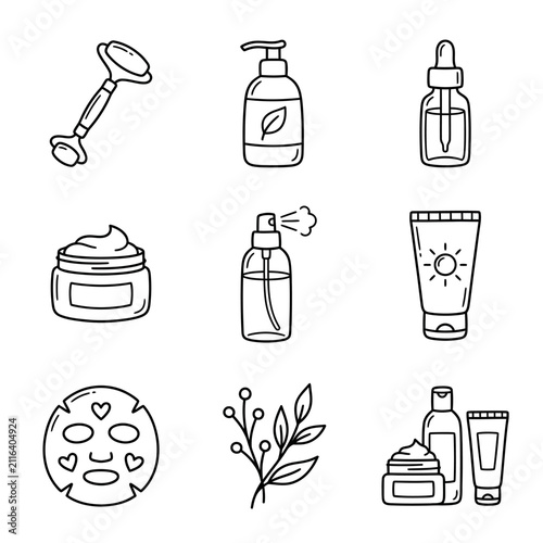 Skincare and beauty product line art icon set.