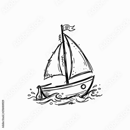 Sketchy sailboat drawing on choppy sea waves.