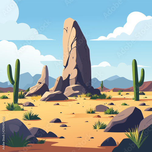 Flat Vector Illustration of a Dry Desert Landscape with Saguaro Cacti and Large Rock Formations