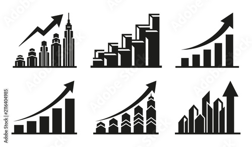 Set of financial business bar charts and skyline building growth icons