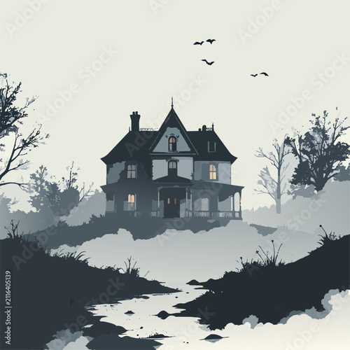 Spooky Haunted Victorian Mansion Silhouette in Foggy Landscape with Bare Trees and Bats Illustration