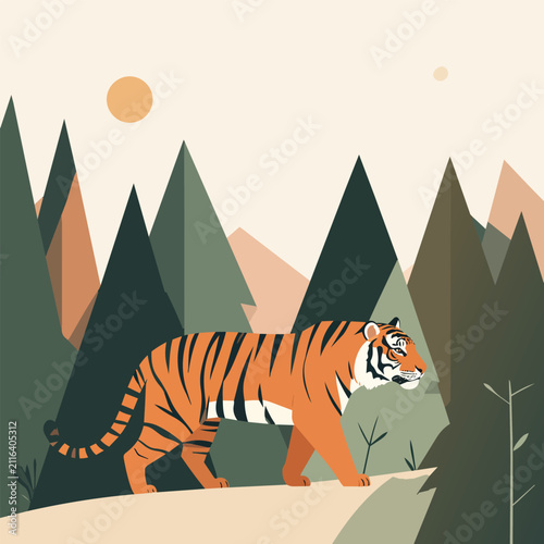 Flat vector illustration of a majestic tiger walking through a minimalist geometric pine forest