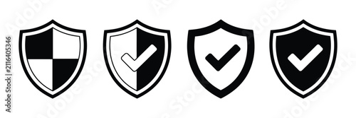 Shield Check Mark icon set featuring security protection symbols with tick marks for verification safety and secure systems