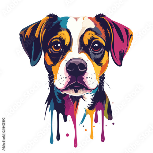 Vibrant Pop Art Portrait of a Dog with Colorful Paint Drips Illustration Isolated on White Background