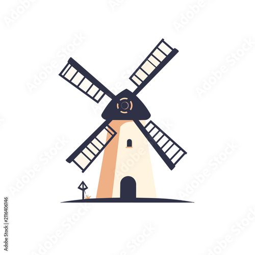 Minimalist Flat Vector Illustration of a Traditional Dutch Windmill Isolated on White Background
