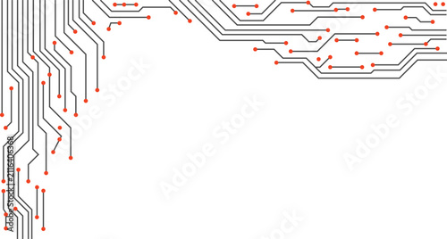 Abstract Printed Circuit Board Corner Border Background with Red Nodes for Technology Banner. Editable Stroke.