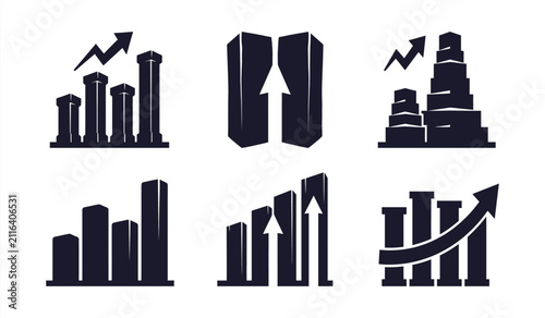 Set of abstract business growth bar charts and financial progress icons
