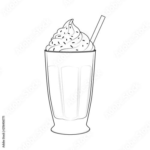 фотографія Outline vector illustration of a classic milkshake with whipped cream, sprinkles and a straw