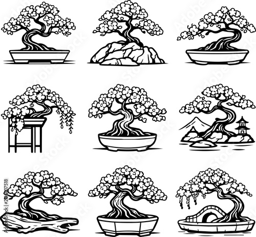 Nine black and white flowering bonsai scenes with ceramic pots, rocks, bridge, gate, mountains and pagoda