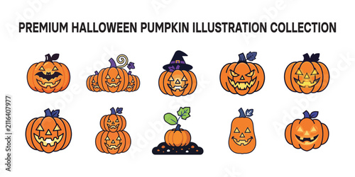 Premium Halloween Pumpkin Illustration Set | Cute Jack O' Lantern, Spooky Pumpkins, Witch Pumpkin & Autumn Harvest Collection.