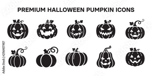 Premium Halloween Pumpkin Solid Icons Set | Jack O' Lantern, Spooky Pumpkin, Scary Face & Autumn Collection.