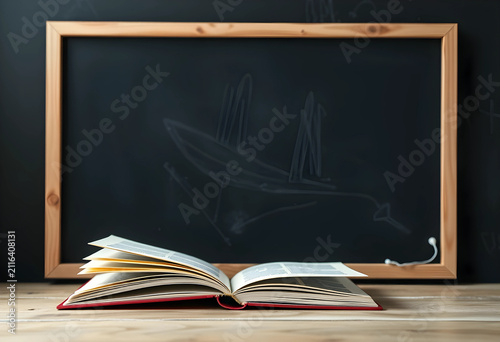 Open book on a wooden desk ...