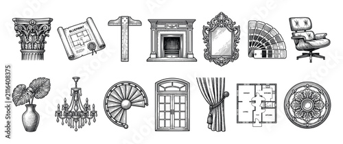 Set of hand-drawn interior design icons featuring furniture, architectural elements, and decor in a detailed vintage engraving style for home renovation and decoration projects