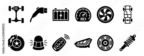 Black solid icons of car parts and EV components including a chassis, battery, charger, speedometer, wheel, brake, key fob, and suspension in a minimalist pictogram collection