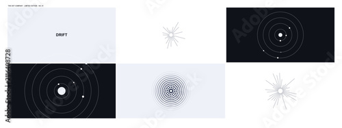 Minimalist Abstract Geometric Graphic Set Featuring Solar System Orbits and Radiant Star Burst Patterns in Monochrome Design