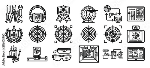 Shooting range and firearm practice line icon collection with various targets, safety equipment, marksmanship symbols, and electronic scoring systems for sport and training