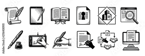 Set of black and white contract icons in a vintage engraving style showing the evolution of signatures from quill pens on scrolls to modern digital tablets and e-signatures