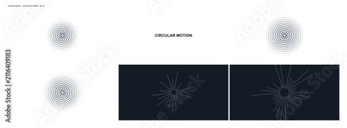 Minimalist Abstract Geometric Infographic Featuring Circular Motion Diagrams and Radial Patterns on a White Background