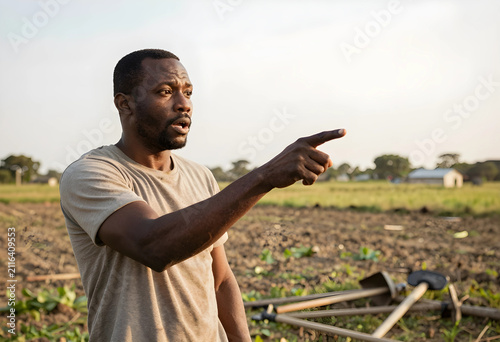 African farmer pointing wit...