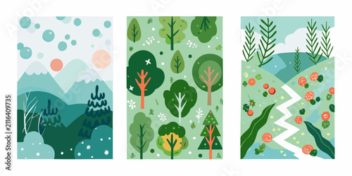 Obraz na plátně Forest Scene Pattern Illustrated Vector Style With Green And Blue Tones
