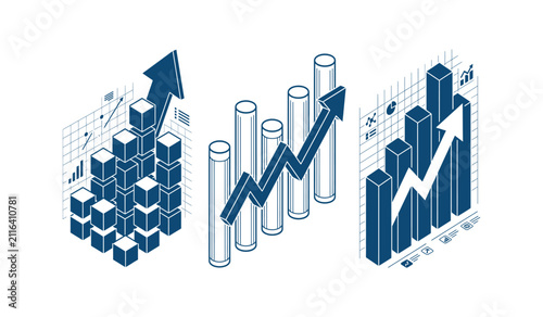 Collection of three dimensional business charts with growth arrows, isometric
