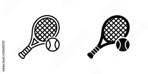 Tennis icon featuring racket ball sport symbols in solid and stroke styles for sports activity and game vector illustration