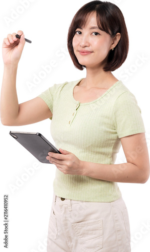 Young asian woman confidently uses tablet stylus smiling brightly. She looks happy while working with technology
