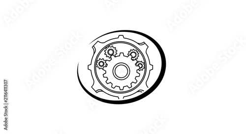 Triple concentric mechanical gears logo in circular frame.