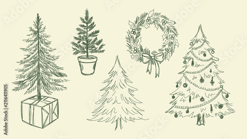 Hand Drawn Christmas Tree Collection with Pine Tree Wreath and Holiday Sketch
