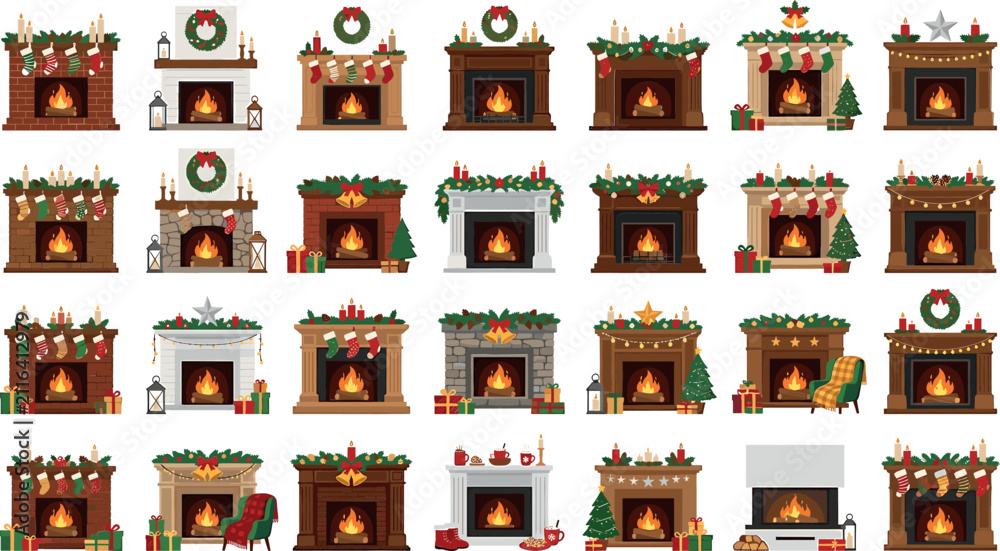 Obraz premium Cozy Christmas fireplace vector illustration collection featuring festive mantels decorated with burning wood winter wreaths stockings garlands and holiday gifts