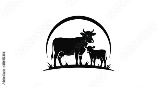 A black and white silhouette illustration of a mother cow and her calf standing together in a grassy field