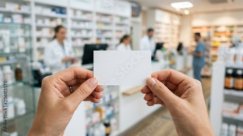 Pharmacist holding blank white business card in pharmacy with medicine shelves and customers blurred background Close up on card in hands.