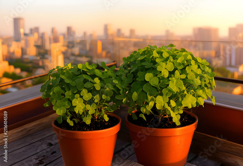 Two potted green clover pla...