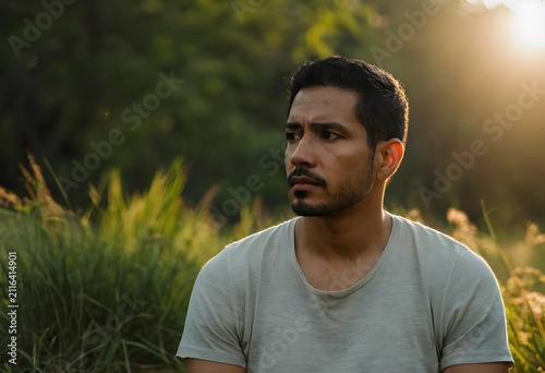 Thoughtful young hispanic man looking away in nature with golden hour sunlight on his face and hair, the man has a serious and contemplative expression