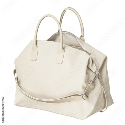 Beige canvas weekender duffel bag with shoulder strap isolated on white background