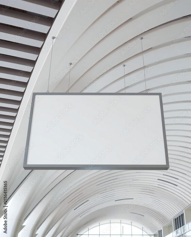Fototapeta premium Blank white signboard on modern curved ceiling architecture. Empty display panel for digital advertising or corporate branding in futuristic interior.