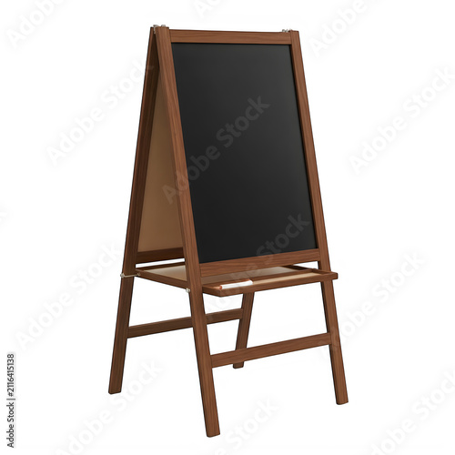 Wooden A-frame easel blackboard with chalk tray and chalk on white background chalkboard
