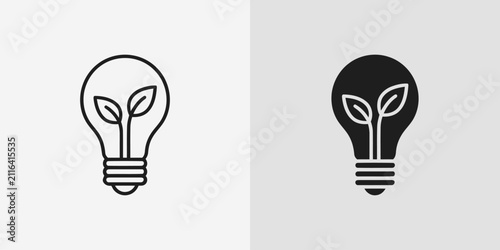 Eco friendly light bulb icon set featuring leaf inside bulb outline and solid versions for sustainable energy green technology innovation conservation and environmental protection.