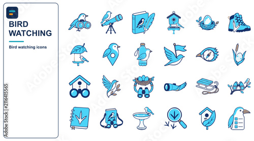 Foto Bird watching icon set - flat vector icons of binoculars, bird, nest, feeder and