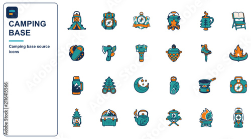 Camping base icon set - flat vector icons of tent, campfire, backpack, lantern and outdoor camp gear