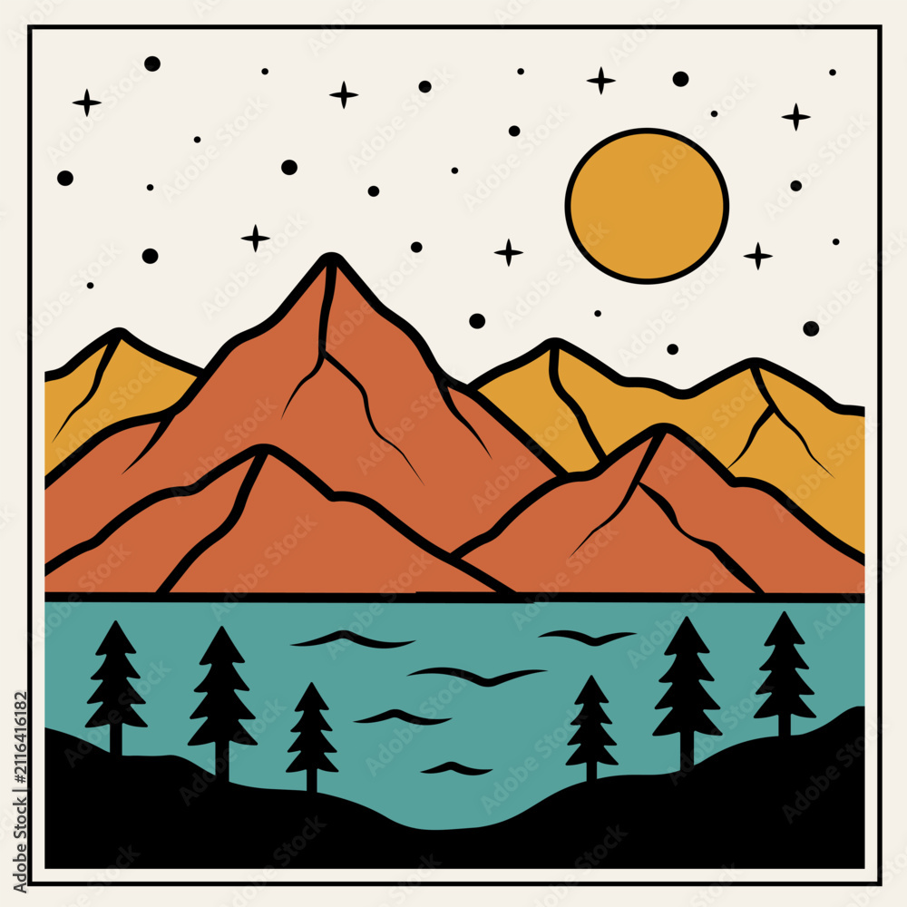 Obraz premium Vintage retro mountain landscape t-shirt design vector illustration featuring mountains, lake, pine trees, full moon, and starry sky in badge style.
