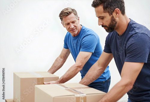 Two men moving cardboard bo...